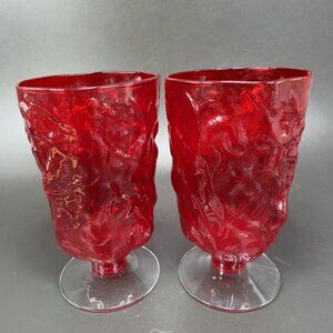 Morgantown Red Seneca Driftwood Water Goblets Footed Cups Glasses Set 2 Cups VTG